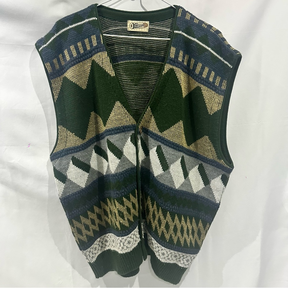 Pendleton Green and Gold Patterned Cardigan Vest